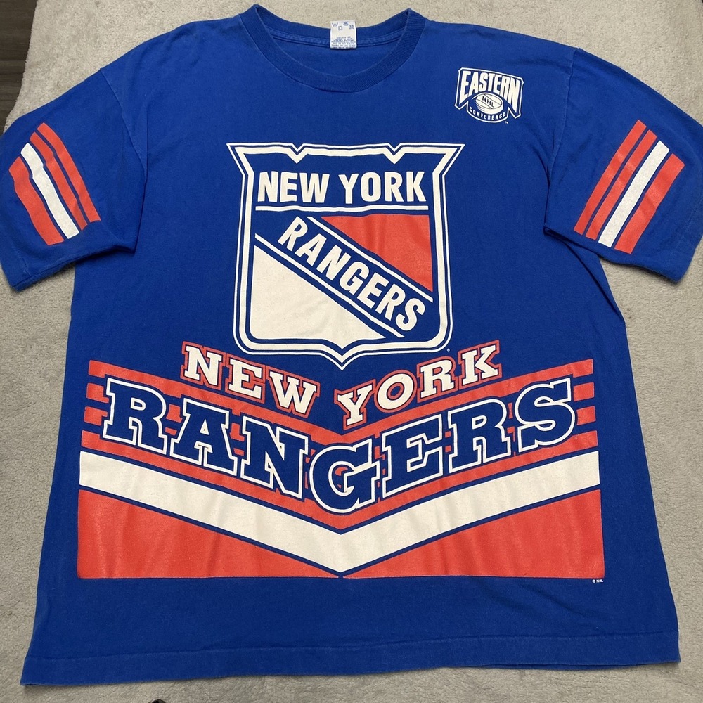 Vintage New York Rangers T Shirt Mens XL Blue AOP 90s NHL Single Stitch